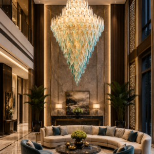 AZURE PETAL CASCADE DOUBLE HEIGHT CHANDELIERS