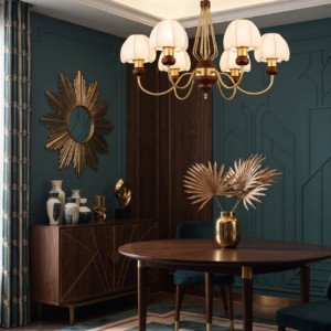 TULIP WALNUT & BRASS CHANDELIER